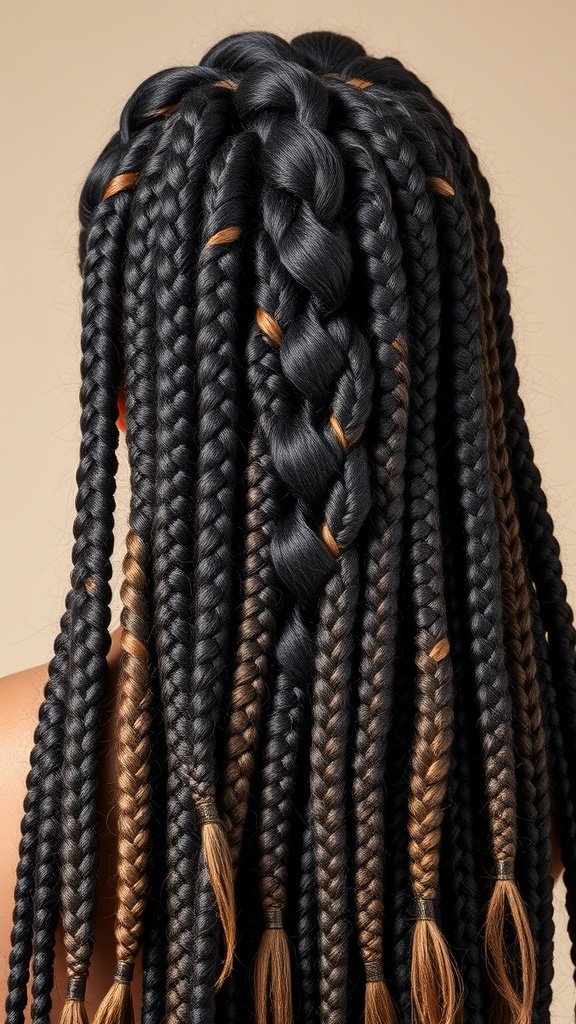 Close-up of bohemian knotless braids with a mix of black and brown colors.