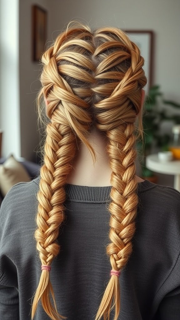 A person with honey blonde knotless braids styled in two sections.