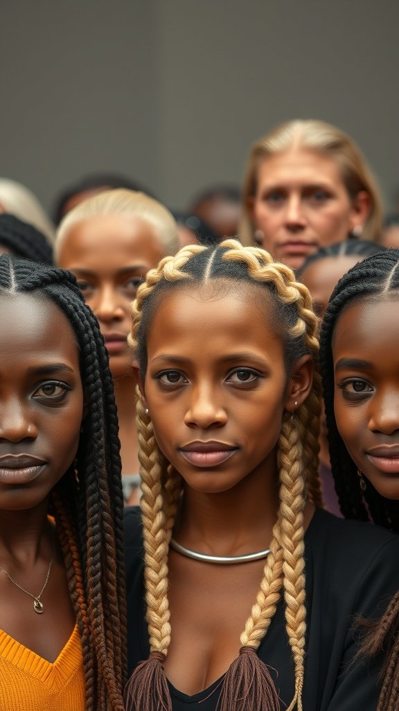A group of women showcasing various styles of honey blonde knotless braids, highlighting the versatility of the hairstyle across different ages.
