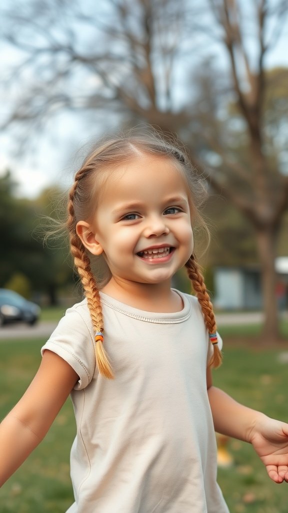 A smiling child with honey blonde knotless braids, enjoying a sunny day outdoors.