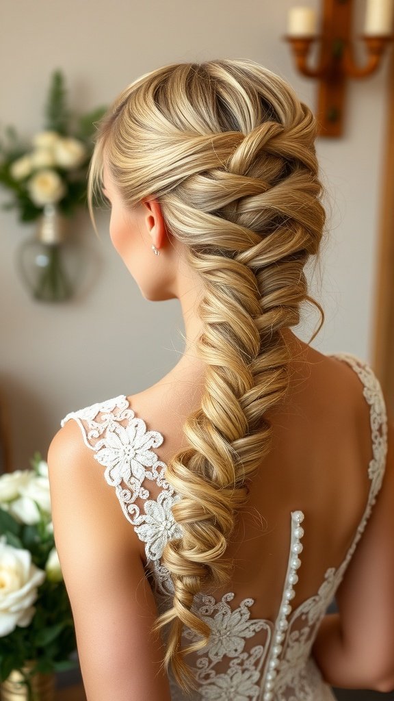 A woman with honey blonde knotless braids styled elegantly, showcasing intricate braiding and a beautiful back view.