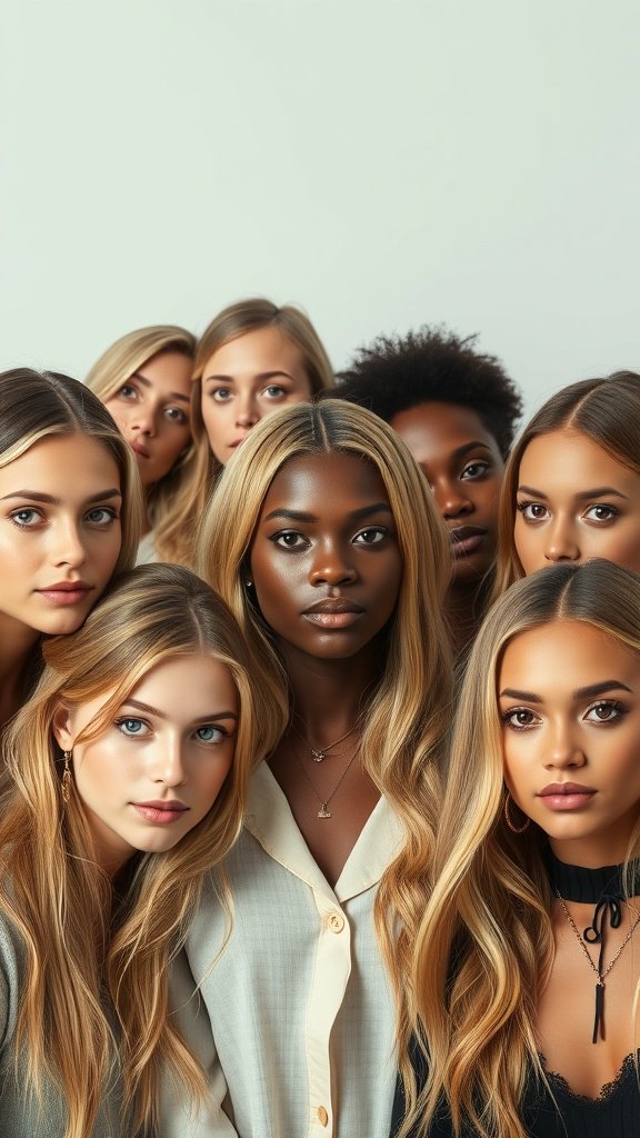 A diverse group of women showcasing honey blonde hair shades, highlighting different skin tones.