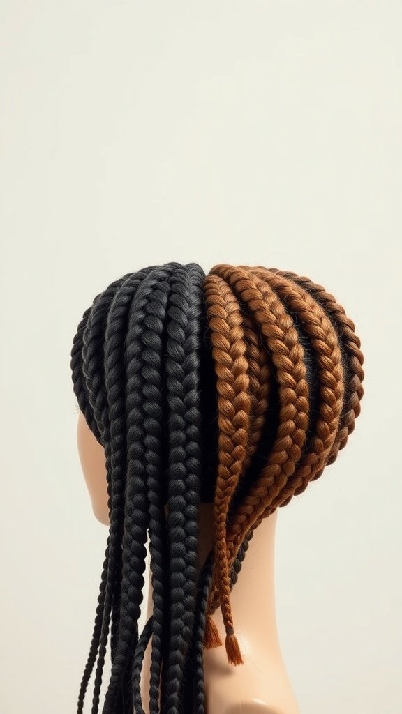 A mannequin displaying knotless braids in black and brown colors with curls at the ends.