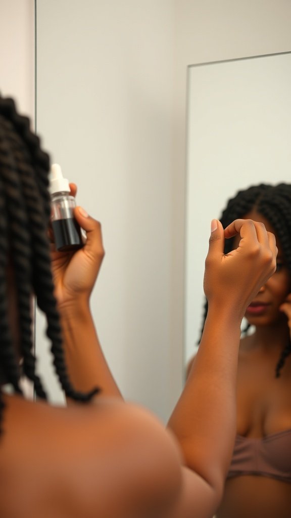 A person applying oil to their medium knotless braids in front of a mirror