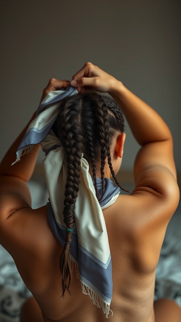 A person tying their hair with a scarf, showcasing a protective hairstyle for knotless braids.