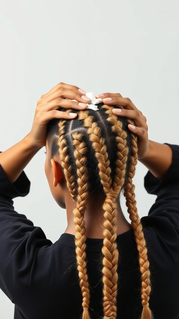 A person with blonde knotless braids, showing a neat hairstyle and caring for their scalp.