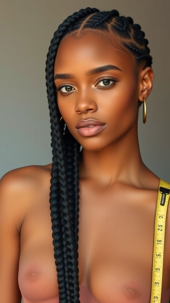 A model showcasing medium knotless braids with a measuring tape, highlighting the length and style.