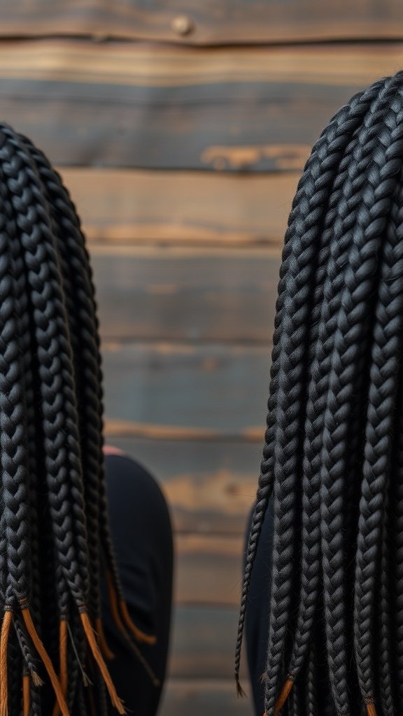 A close-up view of two individuals with long, black knotless braids, showcasing the intricate details of the braiding style.