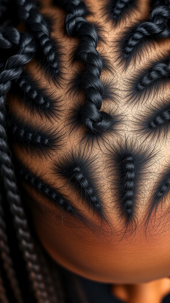 Close-up view of medium knotless braids showcasing a neat parting pattern on a scalp.