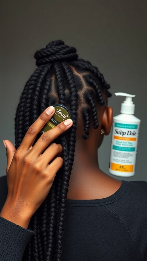 A person applying hair product to knotless box braids, showcasing maintenance tips.
