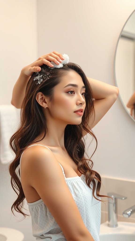 A woman preparing her hair for braiding in a bathroom setting.