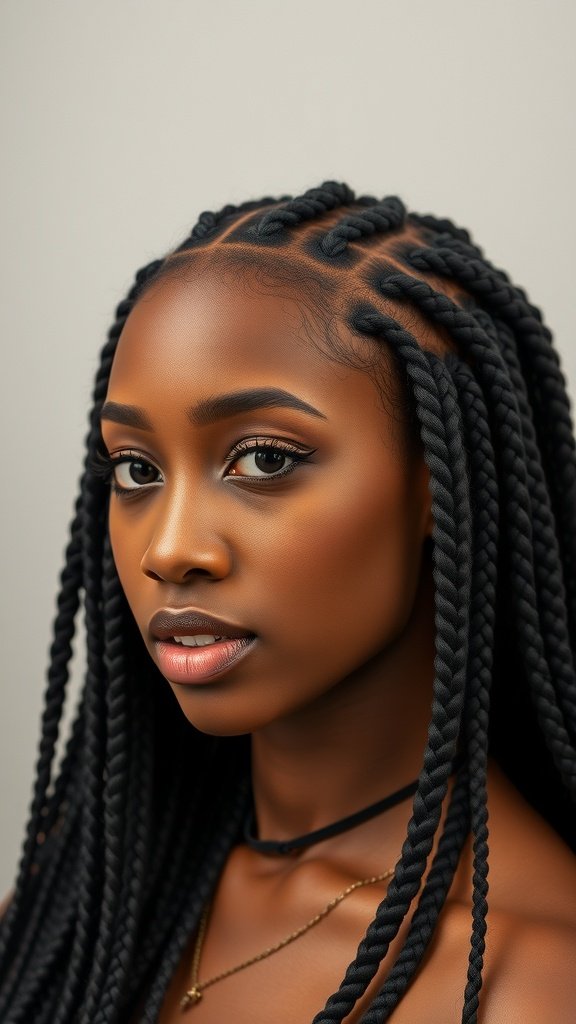 A woman with short knotless box braids, showcasing a stylish protective hairstyle.
