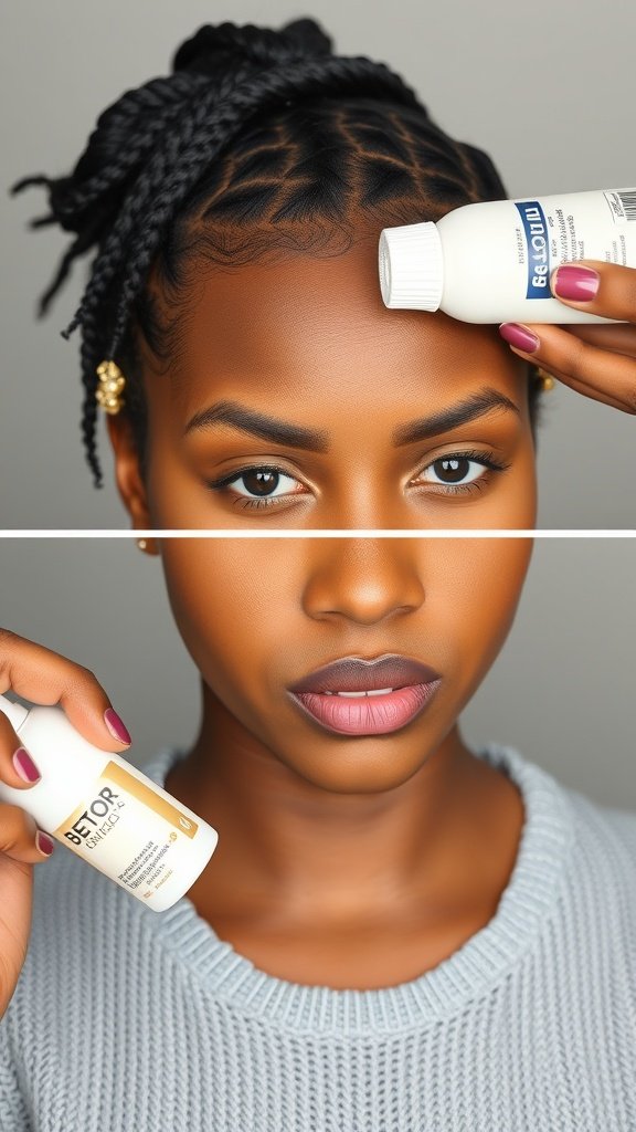 A person holding hair products for refreshing small knotless box braids.