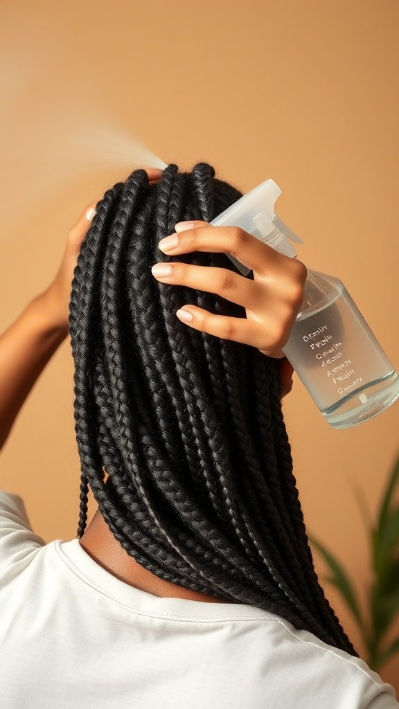 A person refreshing their knotless braids with a spray bottle, showcasing healthy hair care.