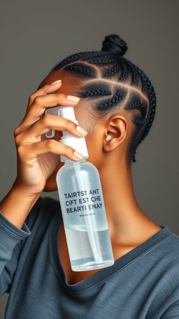 A person holding a spray bottle, preparing to refresh their braids.
