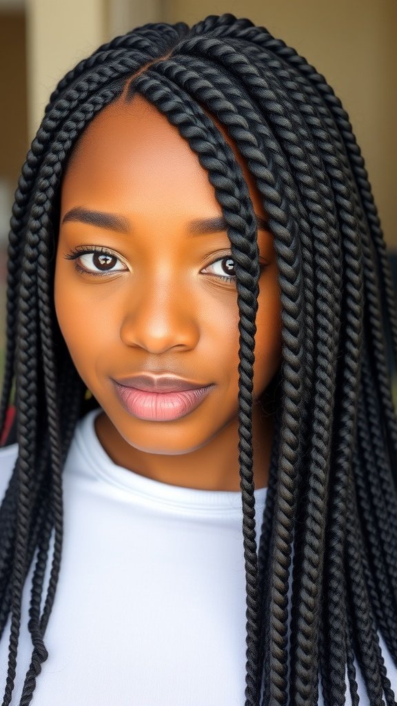A close-up of a woman with large knotless box braids, showcasing a stylish and neat hairstyle.