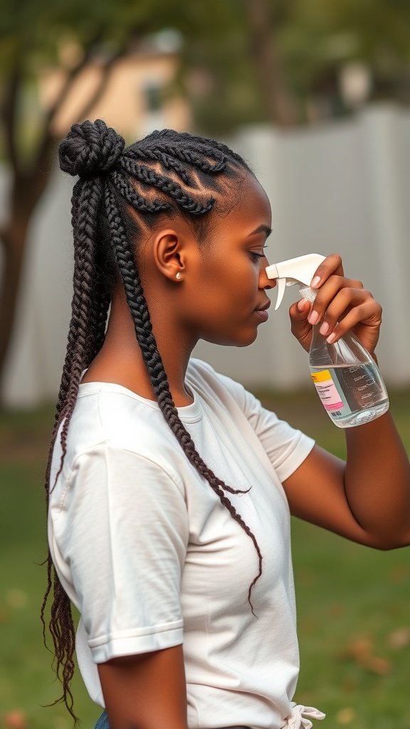 A woman refreshing her knotless braids with a spray bottle in a natural setting.