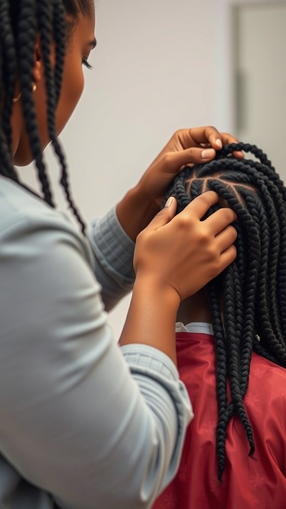 A stylist parting hair while refreshing knotless box braids.