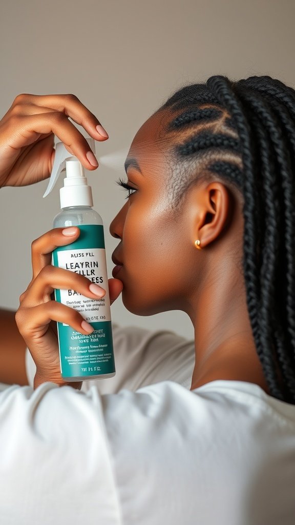 A close-up of a person holding a leave-in conditioner spray, demonstrating hair care for knotless braids.
