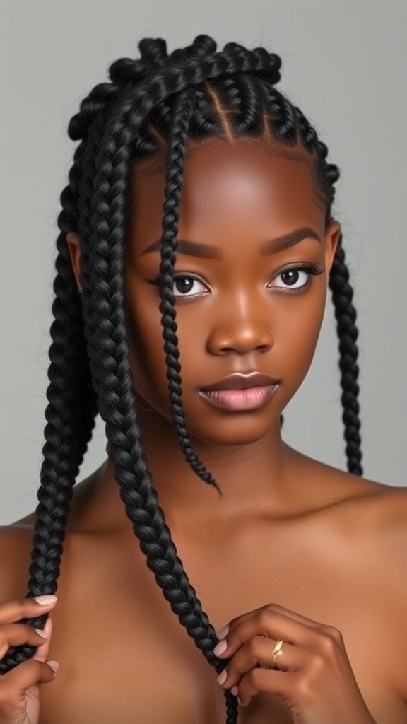 A close-up of a person with knotless braids, showcasing the style and texture.