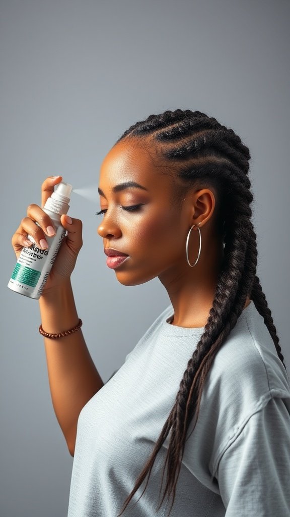 A woman refreshing her knotless braids with a spray bottle.