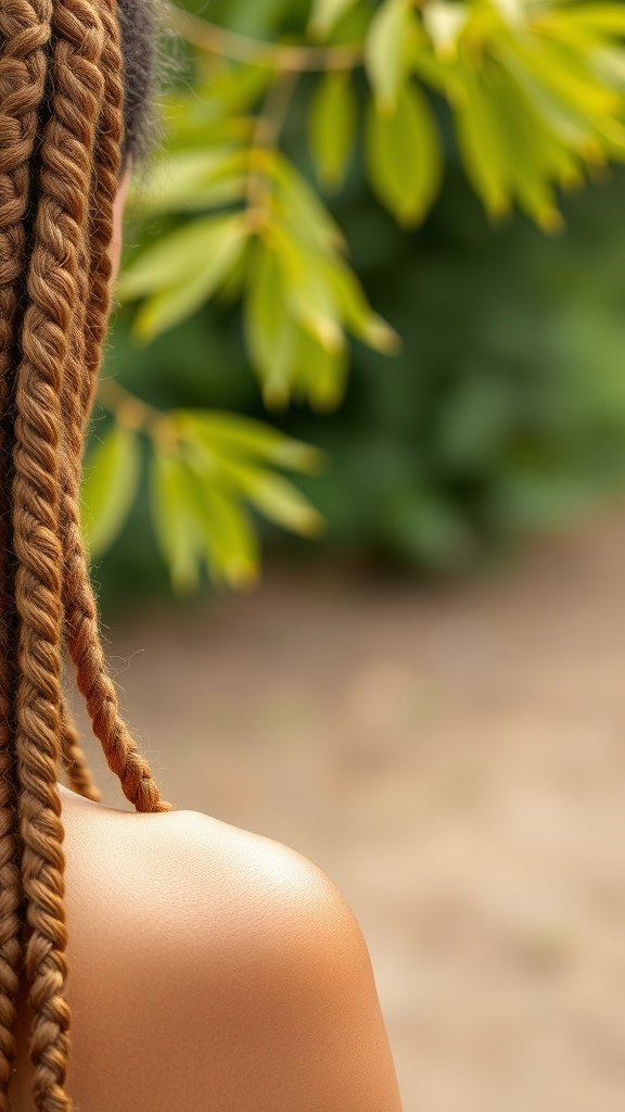 A close-up view of honey brown knotless braids with a blurred green background.