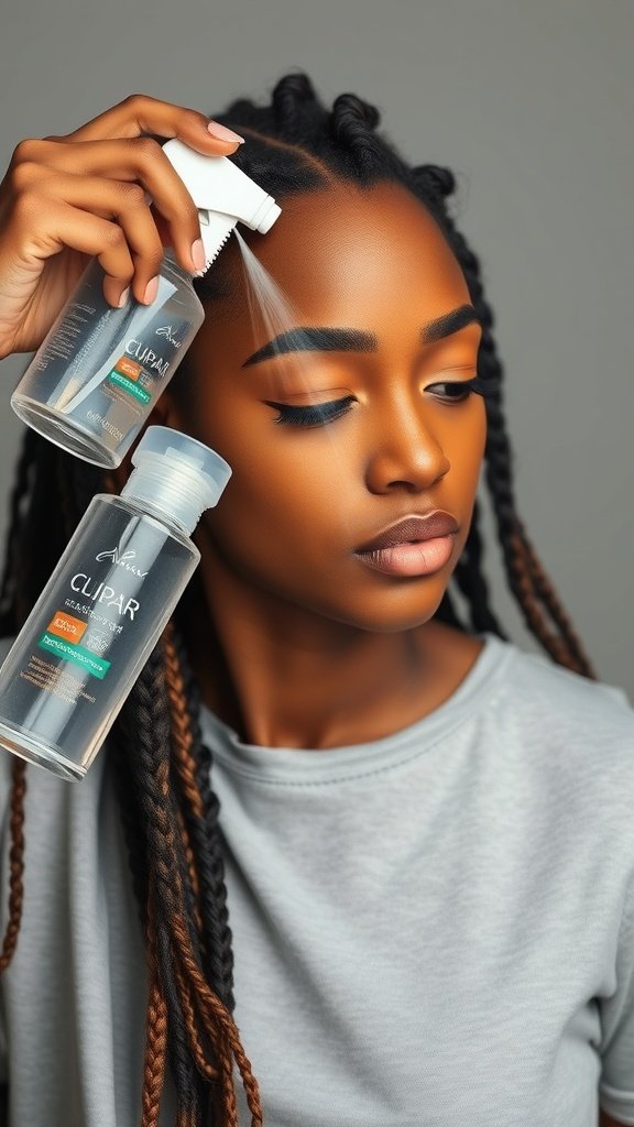 A person applying a spray product to their large knotless braids for refreshing.