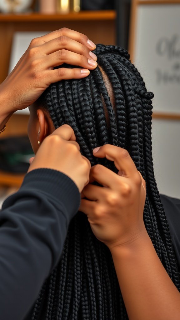 A close-up of hands carefully removing knotless box braids from hair.