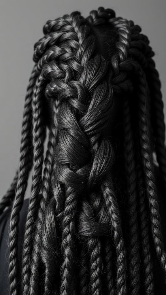 A close-up view of small boho knotless braids, showcasing their intricate design and texture.