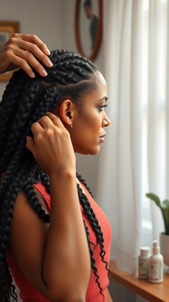 A woman with large boho knotless braids, demonstrating the process of removing them safely.