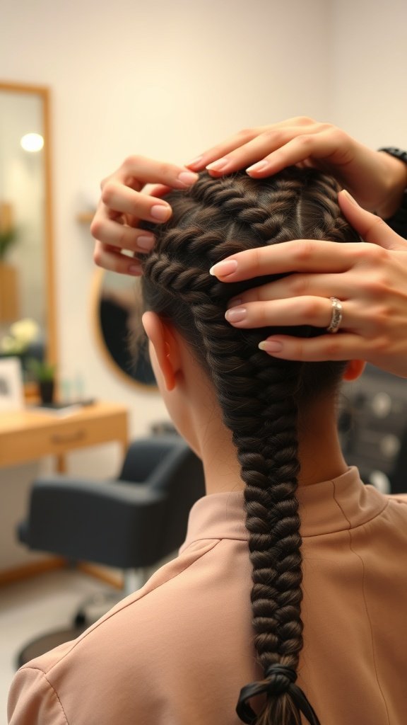 A close-up of a person having their knotless braids removed, showcasing the intricate braid pattern and the care taken in the process.