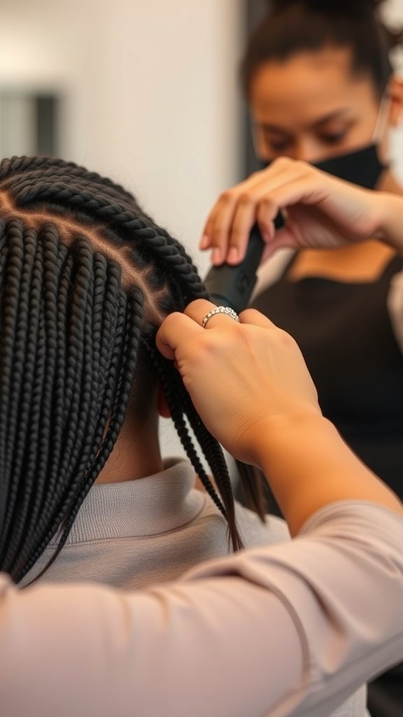 A stylist carefully removing knotless braids from a client's hair.