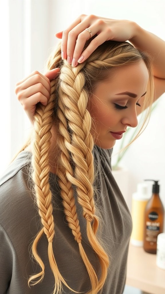 A woman gently handling her blonde knotless braids, preparing to remove them.