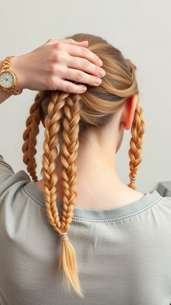 A person holding their hair with honey blonde knotless braids, preparing to remove them.