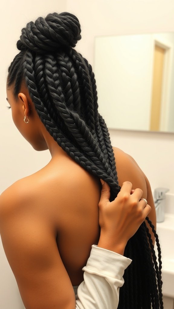 A person with long knotless twist braids styled in a bun, showing the back of their head.