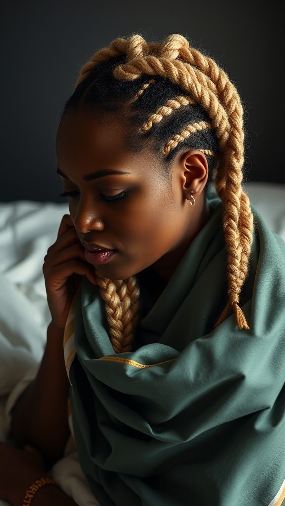 A woman with blonde knotless box braids styled elegantly, showcasing the beauty of the hairstyle.