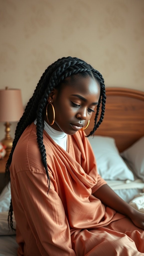 A woman with medium knotless box braids sitting on a bed, looking thoughtful.