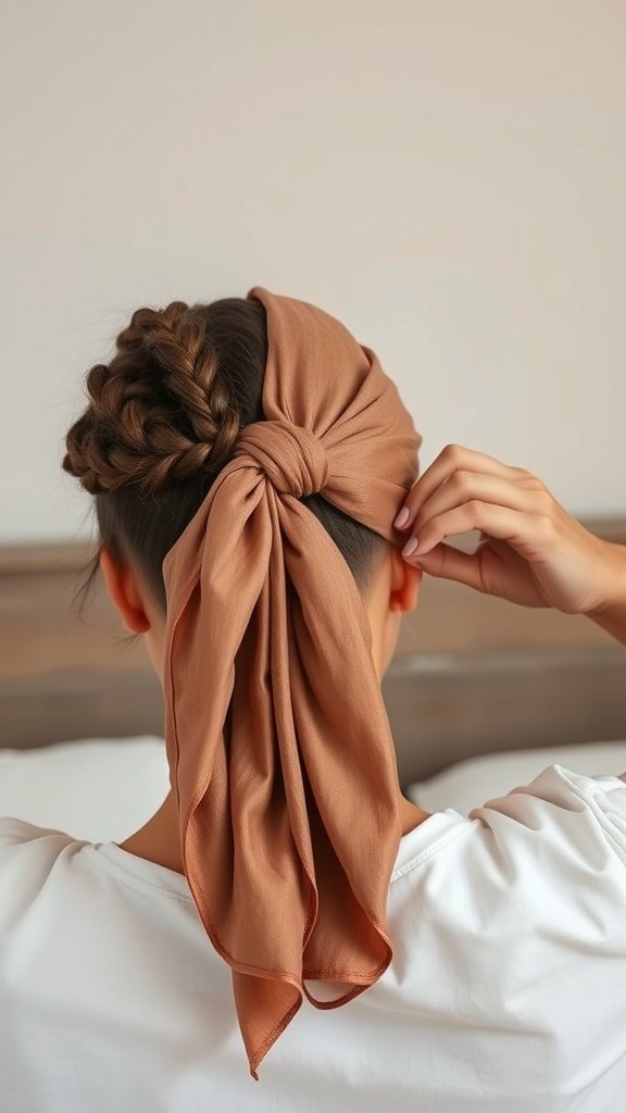 A person tying their hair back with a scarf, showcasing a neat hairstyle.