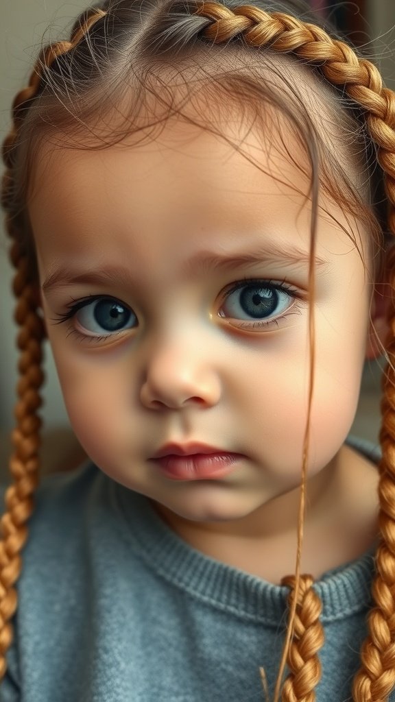 A close-up of a child with honey blonde knotless braids, showcasing styled baby hairs.