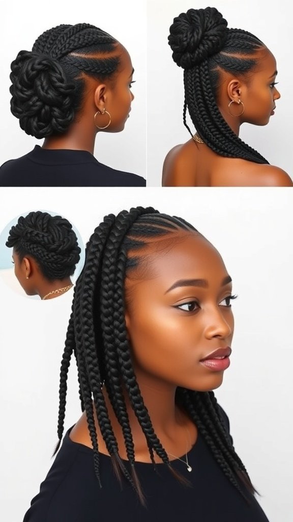 A woman showcasing different styles of medium knotless box braids, including a bun and loose braids.