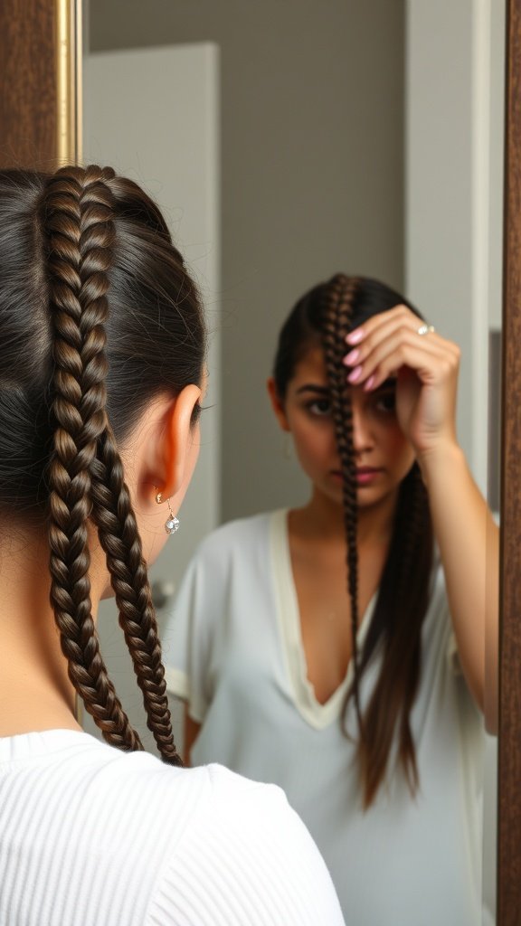A person with large boho knotless braids looking in the mirror, adjusting their hairstyle.