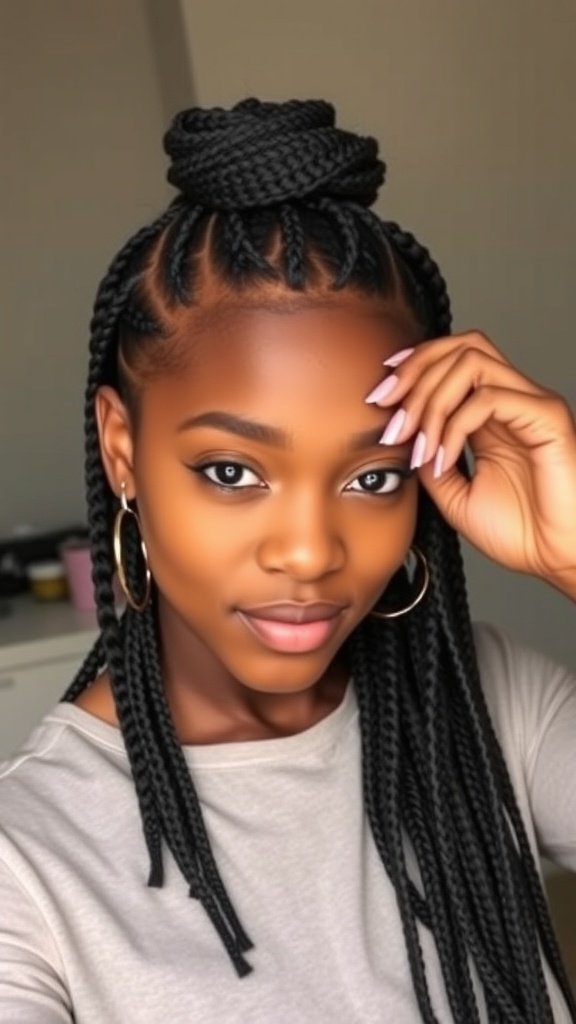 A woman with knotless box braids styled in a bun, showcasing a trendy hairstyle.