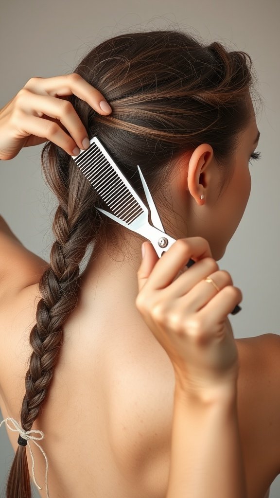 A person carefully combing out a braid, demonstrating the process of taking down large knotless braids.