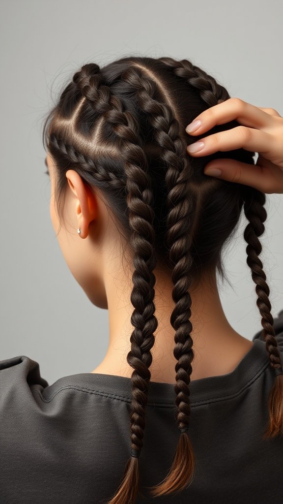 A close-up of a person with medium knotless braids, showcasing the neat parting and braid pattern.