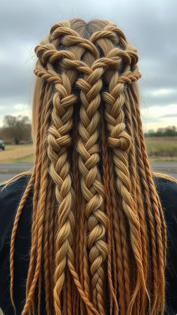 A close-up view of honey blonde knotless braids styled in intricate patterns.
