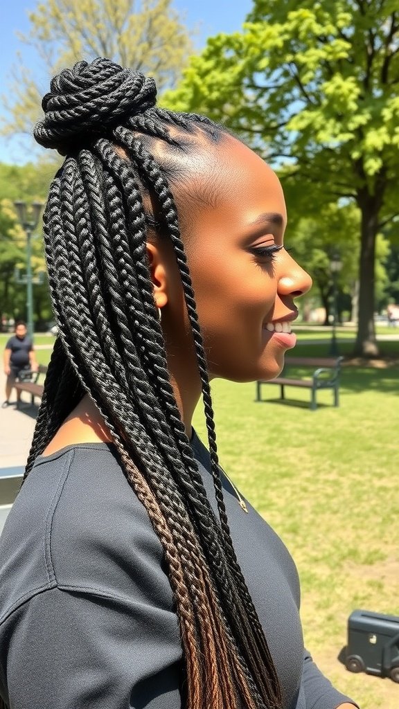 A woman with medium knotless braids styled in a bun, enjoying a sunny day in a park.