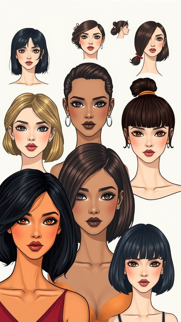 Illustration of various bob hairstyles suitable for different face shapes.