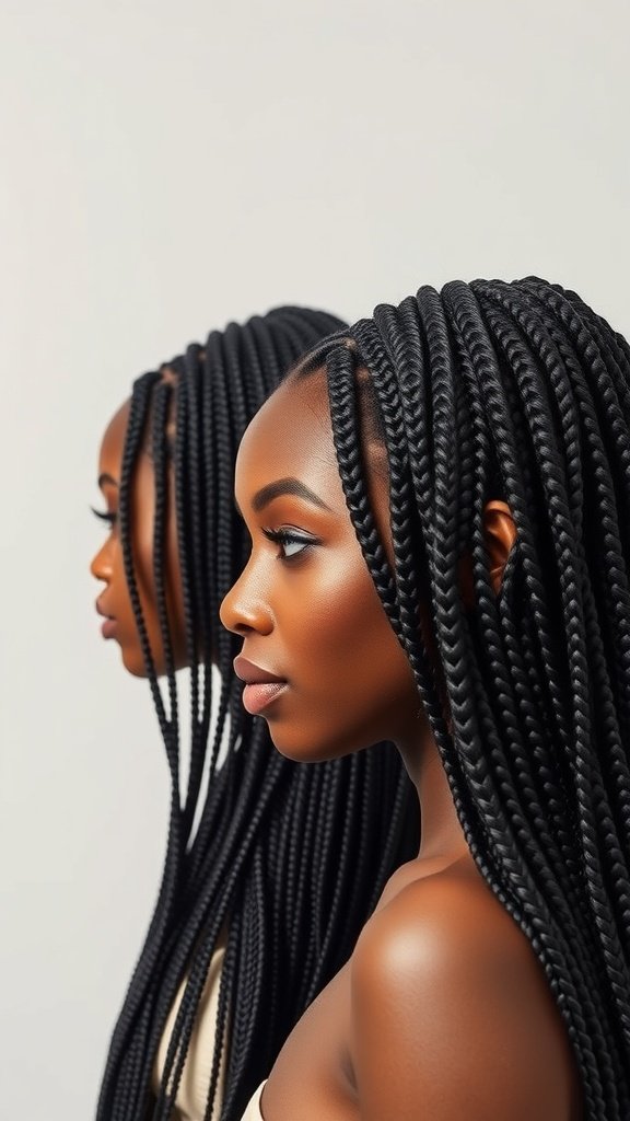Two models showcasing large knotless box braids, emphasizing different lengths and styles.