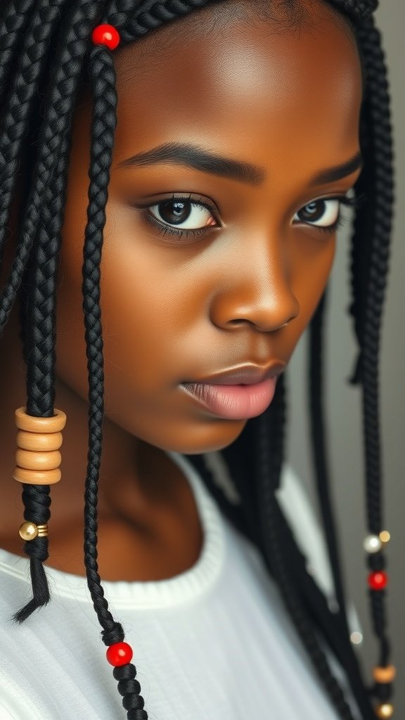 A close-up of a person with medium boho knotless braids adorned with colorful beads and wooden accents.