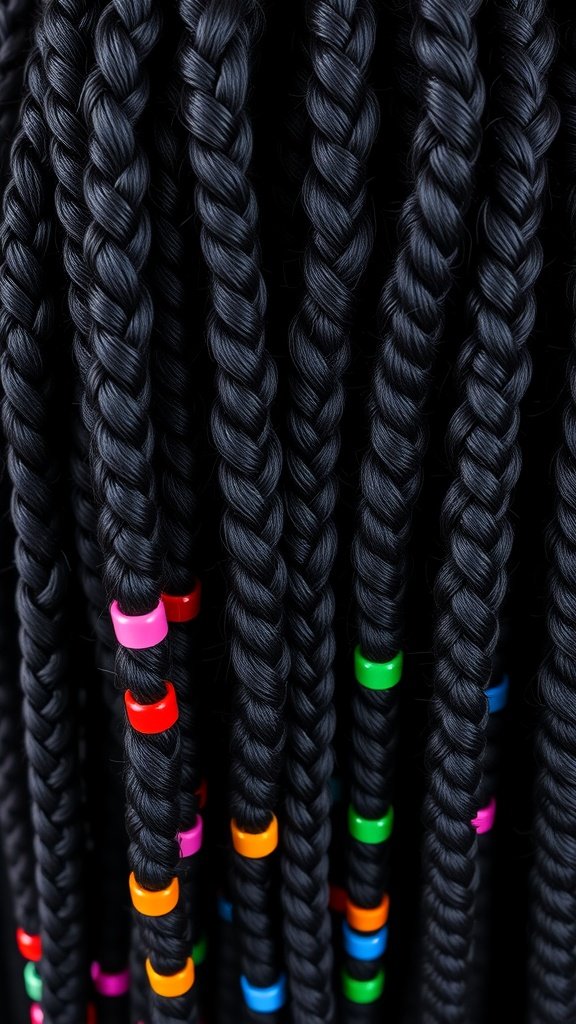 Close-up of medium knotless box braids with colorful beads
